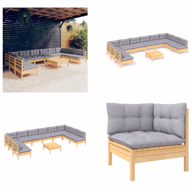 vidaXL set salotto da giardino 11 pezzi con cuscini grigi in pino massiccio - Set salotto da giardino - Set salotto da giardino - Set mobili da giardino - Set mobili da giardino