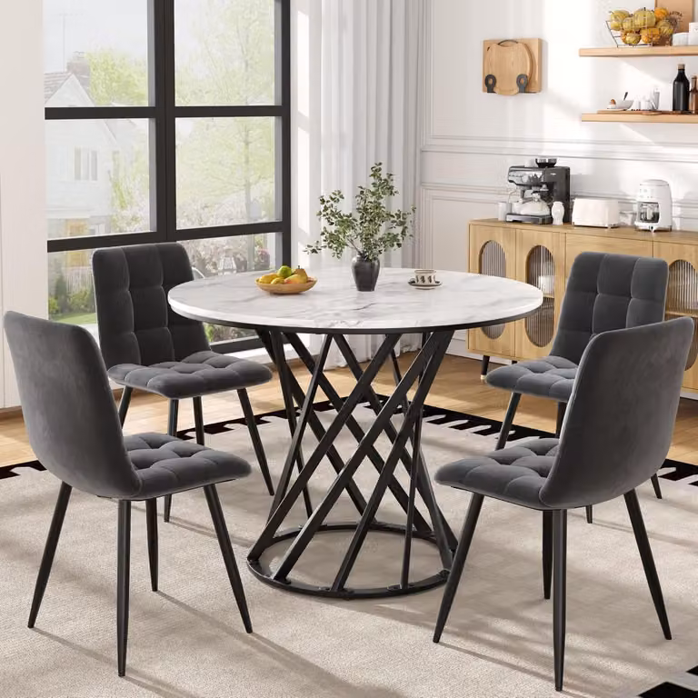 Tavolo da pranzo con 4 sedie in velluto, forma rotonda, dimensioni 80x80x76 cm. Piano del tavolo bianco, gambe in metallo nero