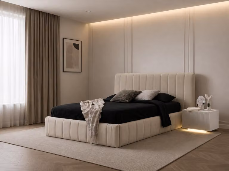 Letto imbottito, comodino beige, stile moderno, set per camera da letto in tessuto e legno