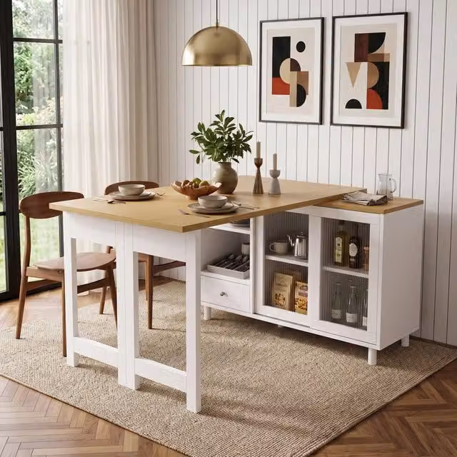 Tavolo da pranzo pieghevole e allungabile WISHDOR con contenitore, struttura salvaspazio a 3 configurazioni, bianco