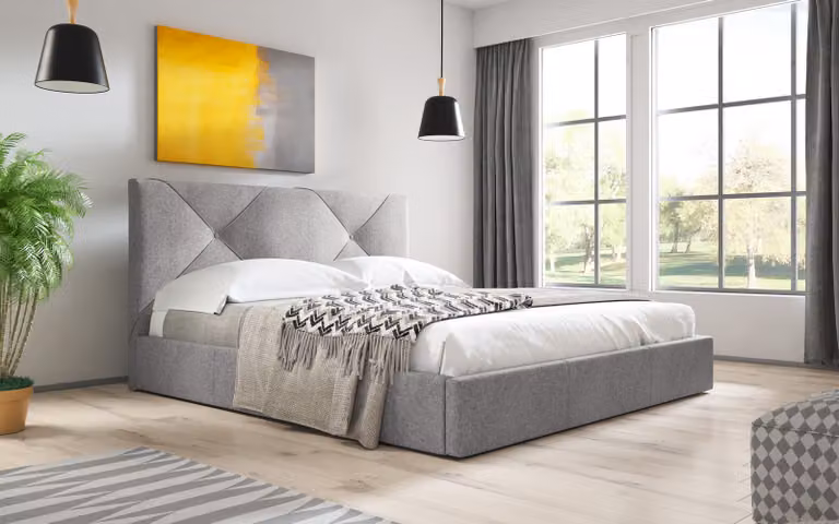 Letto imbottito Sofello, rete a doghe in legno, 180 cm, grigio, moderno, tessuto intrecciato con vano contenitore, rete a doghe in legno con funzione di sollevamento, design trapuntato