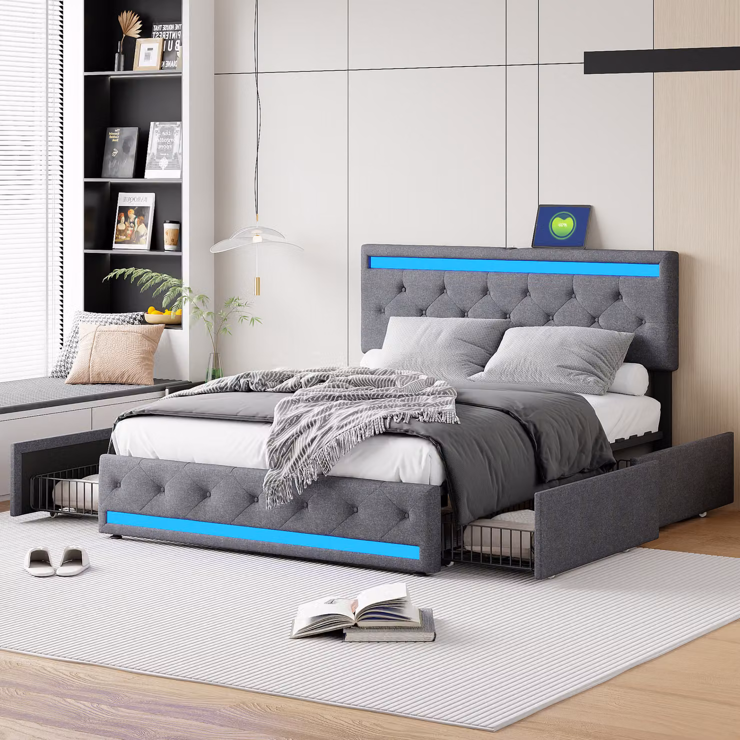 Letto imbottito Fortuna Lai 160x200cm con testiera regolabile in altezza e 4 cassetti, LED e USB, letto funzionale letto matrimoniale in lino, grigio