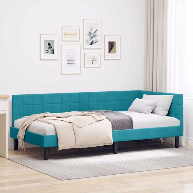 Letto ad angolo moderno vidaXL in velluto turchese con struttura in legno e metallo L/P/H: 194 x 90 x 140 cm