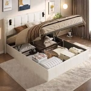 Letto imbottito UnboxG 160x200cm, letto matrimoniale, testata con vano contenitore, illuminazione a LED sulla testata del letto, con vano contenitore idraulico, lino, beige