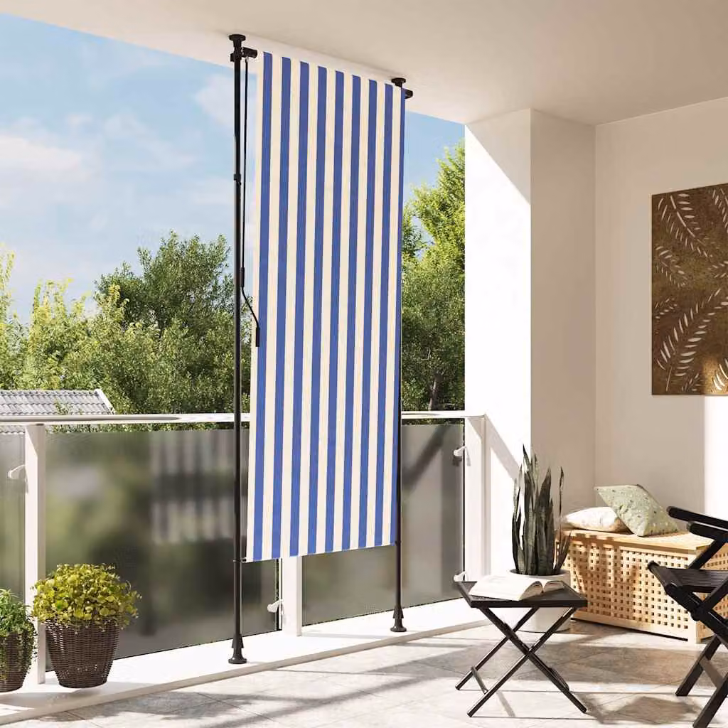 Tenda a rullo esterna vidaXL in tessuto e acciaio, colori blu, bianco e antracite, L: 120 cm, H: 270 cm