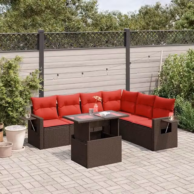Set Divani da Giardino 7 pz con Cuscini Marrone in Polyrattan 3267934
