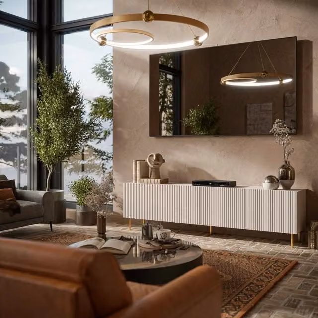 Mobile porta TV Varenna DMORA, Madia da salotto moderna con quattro ante battenti e chiusura soft-close, Beige, L 200 cm x P 42 cm x H 52 cm