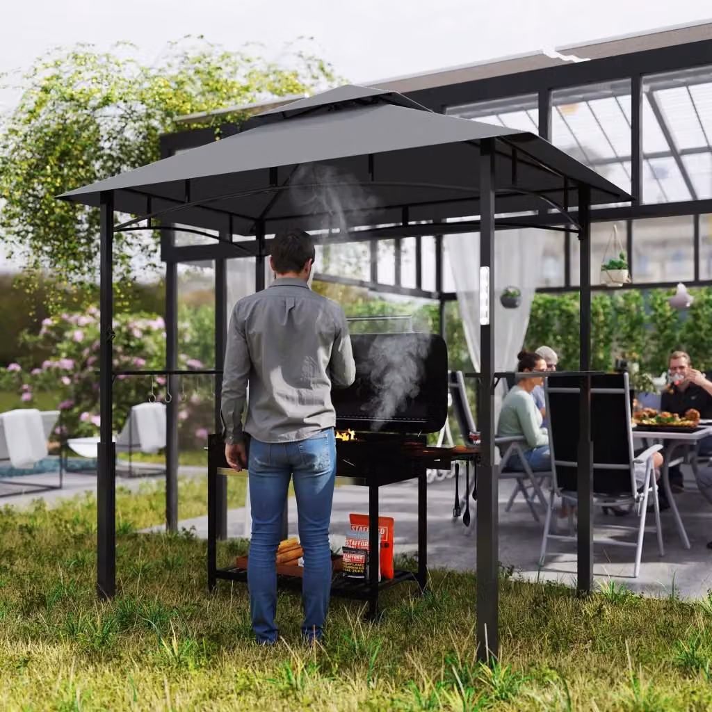 Gazebo da giardino OKWISH per barbecue con doppio tetto, illuminazione LED, mensole laterali e ganci per utensili, in metallo grigio antracite, L: 248 cm, P: 148 cm, H: 243 cm – 2