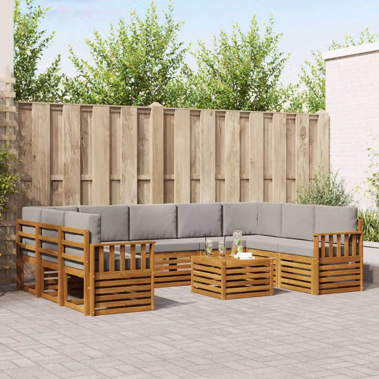 vidaXL Set di divani da esterno componibile a L in legno di acacia con cuscini, Beige, Grigio e Marrone