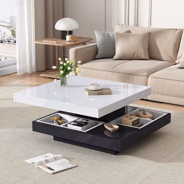 Tavolino da Salotto Funzionale con Piano Girevole a 360° e Vano Portaoggetti, Doppio Livello, Top Bianco Lucido e Base Nera, 70x70x36 cm