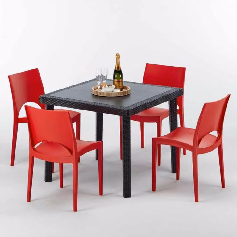 Tavolo quadrato nero e 4 sedie in polipropilene colorato per esterni Grand Soleil Paris Passion - Rosso