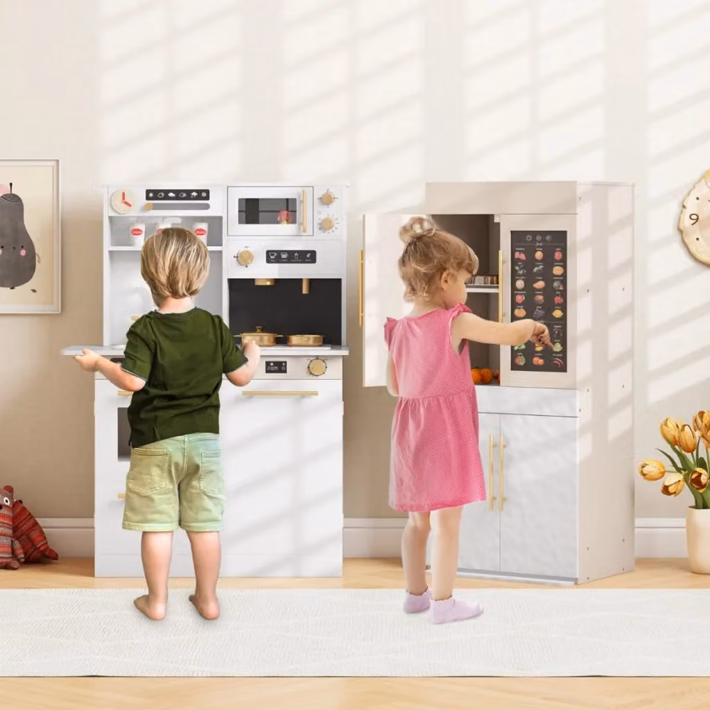 Set da cucina giocattolo in legno bianco con frigorifero, macchina da caffè, microonde e fornello – 2