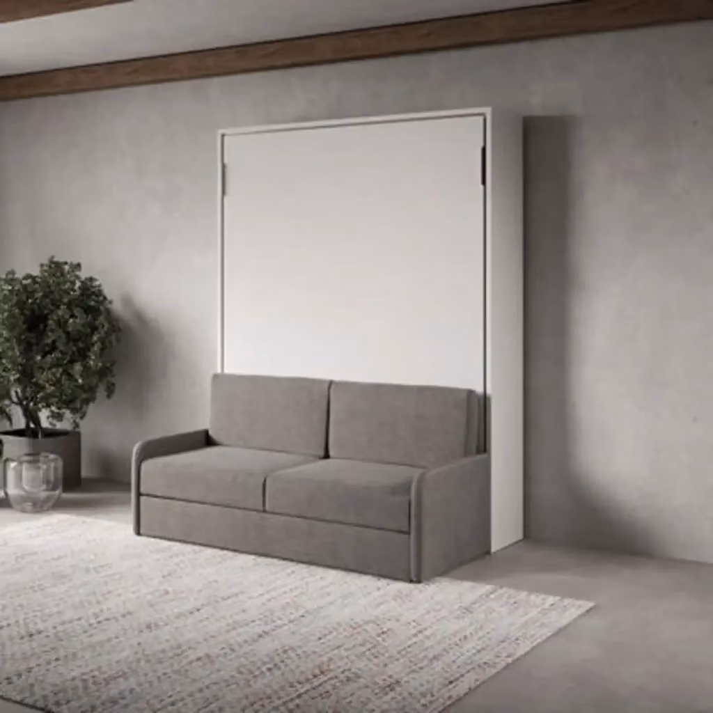Letto matrimoniale francese a scomparsa Kivio con divano bianco e struttura in legno e metallo L/P: 140 x 200 cm – 2