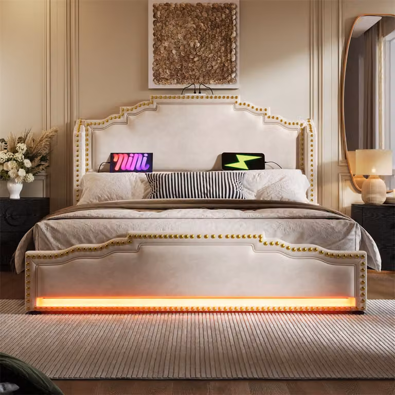 Letto imbottito Sweiko 140×200, letto matrimoniale con 4 cassetti, letto contenitore e letto per ragazzi con rete a doghe, velluto, beige, senza materasso
