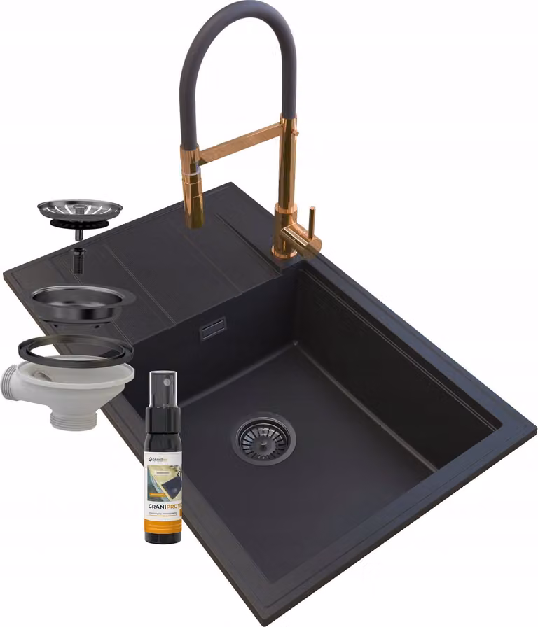Granitan - Lavello in granito - Lavello da cucina - 80x50 cm - Nero - con rubinetteria VENTO e scolapiatti - LOUIS