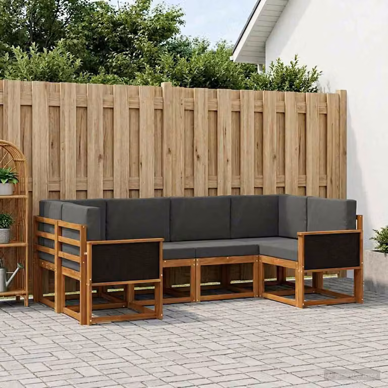 Set di divani da esterno vidaXL a forma di L composto da 6 pezzi in legno di acacia con cuscini antracite e marrone