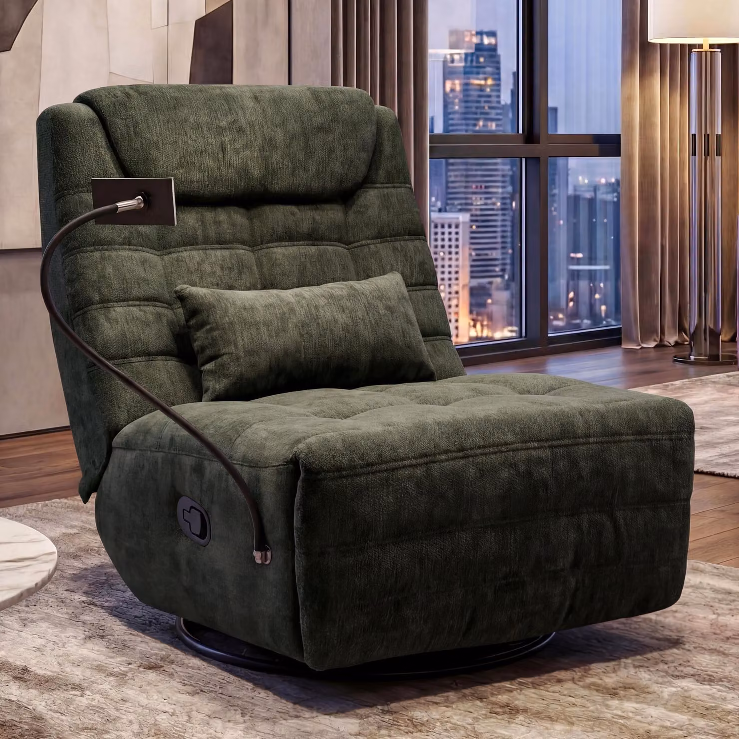 Poltrona relax MCW-P92, poltrona TV, girevole, funzione reclinabile, supporto per cellulare, tessuto ciniglia (260 g/m²) ~ verde