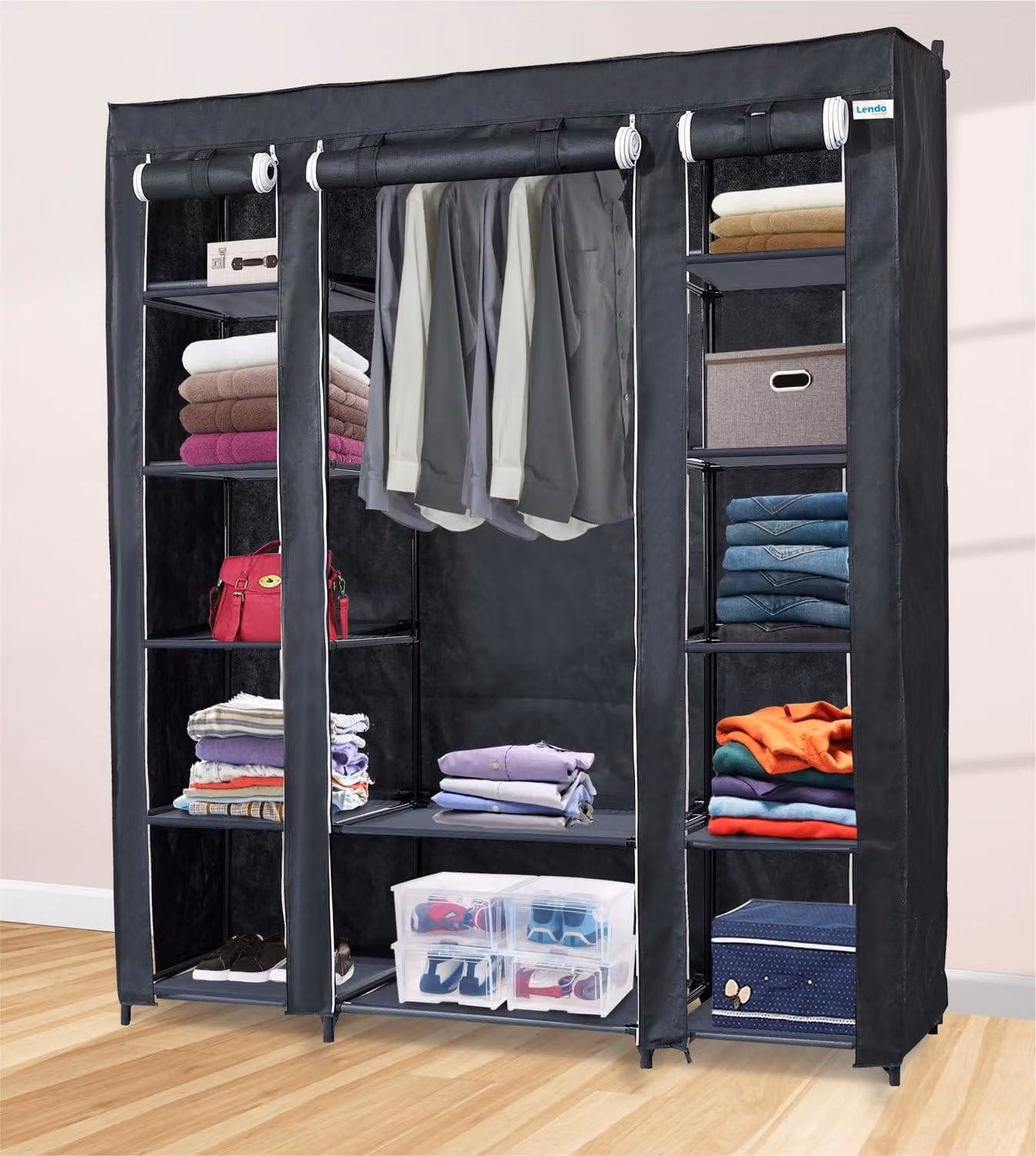 Armadio pieghevole, dimensioni 145x44x170 cm, colore nero, ideale per la camera da letto, resistente alla polvere