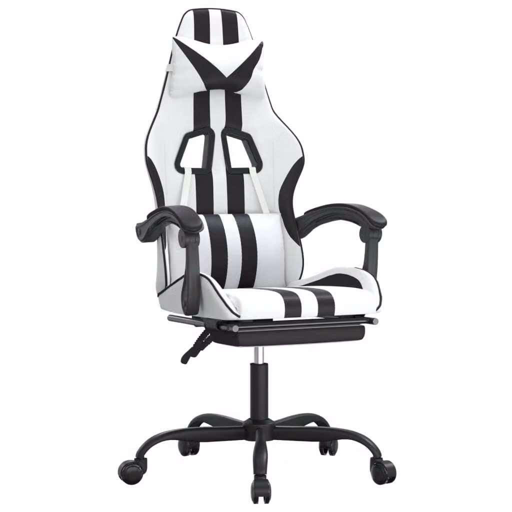 Sedia da Gaming con Poggiapiedi Bianco e Nero in Pelle finta