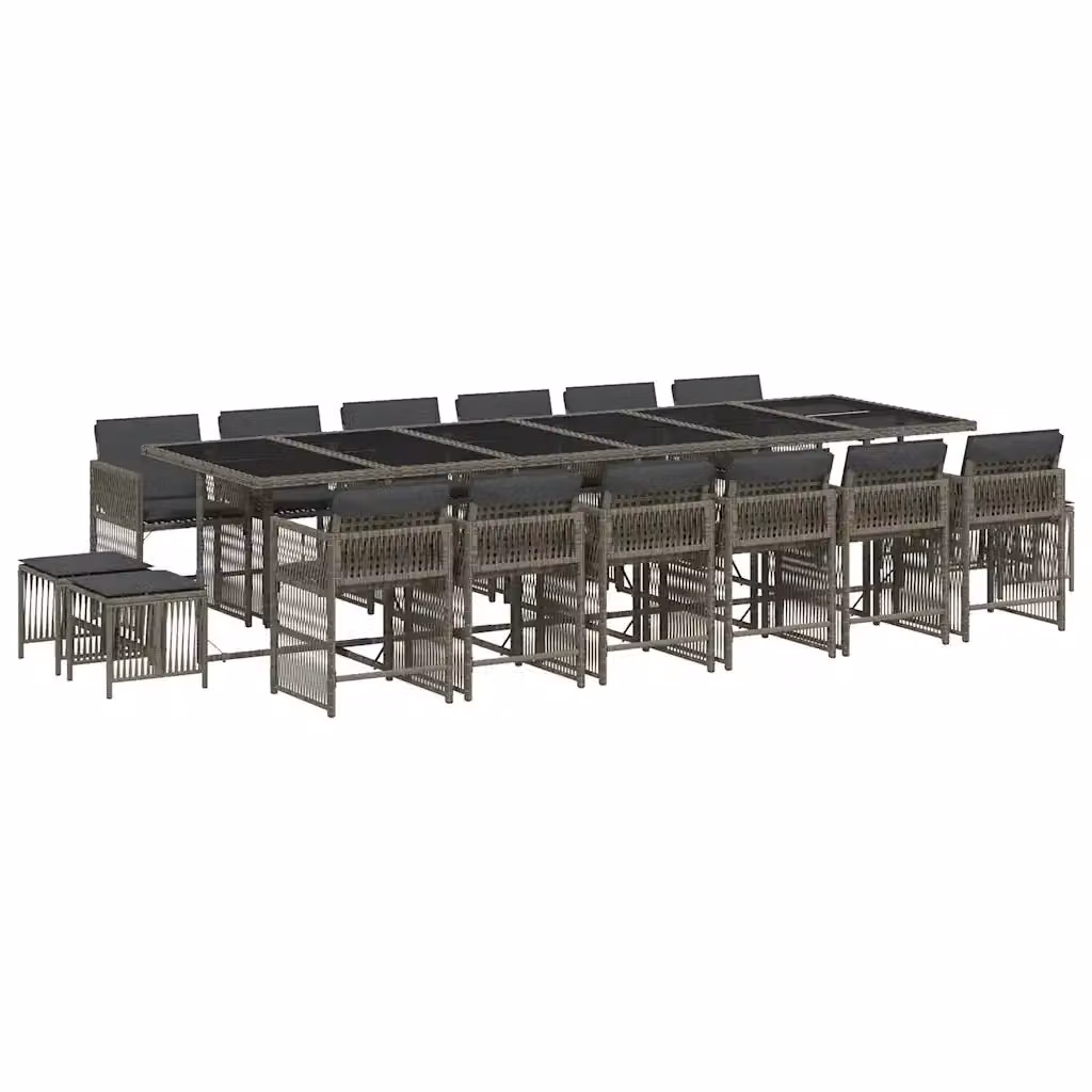 Set da Pranzo da Giardino vidaXL in Polyrattan Grigio con Cuscini e Tavolo in Vetro, 17 Pezzi – 2