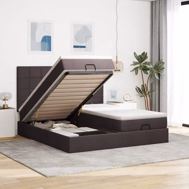 Struttura Letto con Contenitore a Sollevamento e Materasso vidaXL in Tessuto, Marrone e Bianco, L/P/H: 200 x 200 x 28 cm