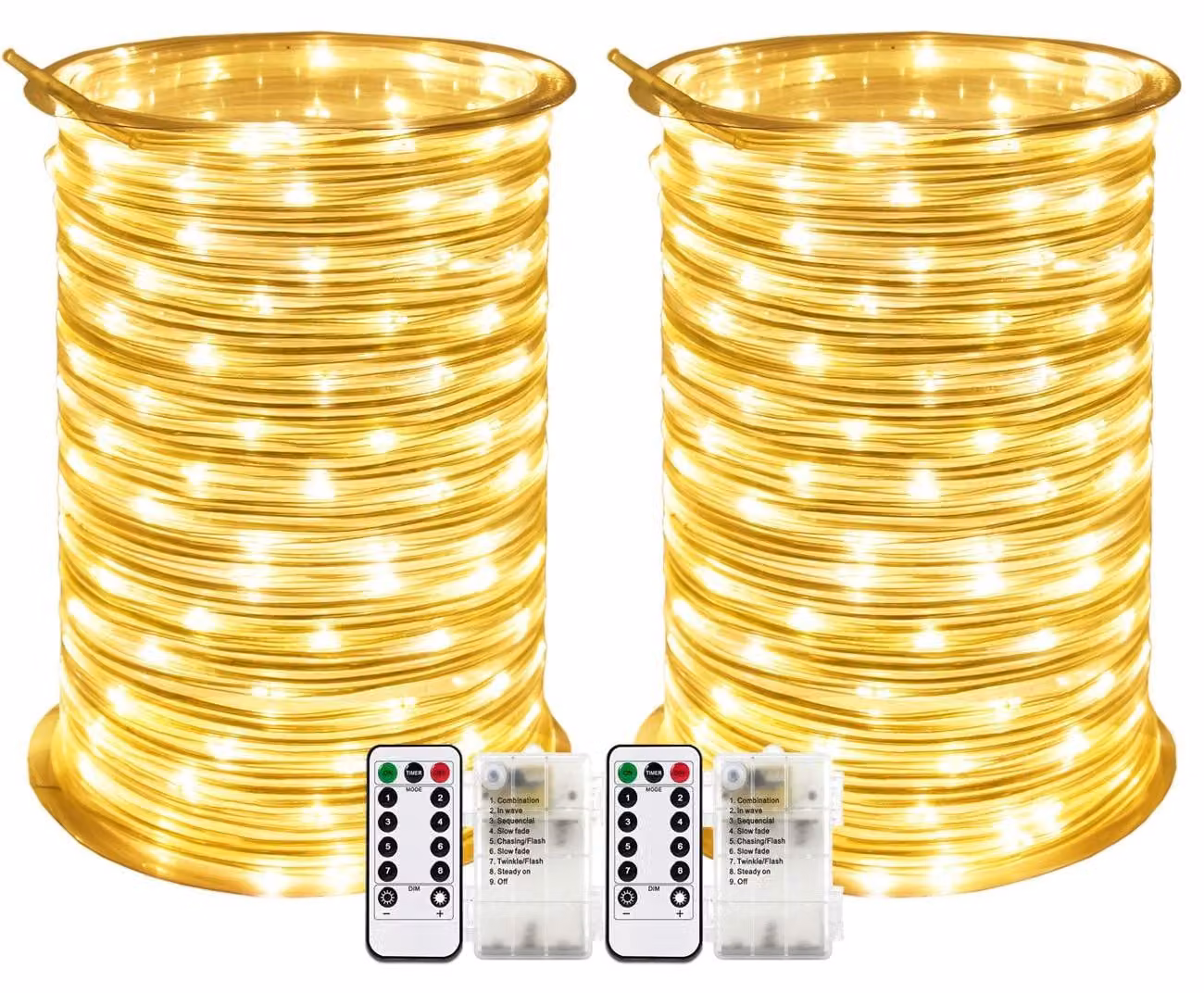 Catena luminosa a LED, 10 metri, 100 LED, luce bianco caldo, alimentazione a batteria, confezione da 2
