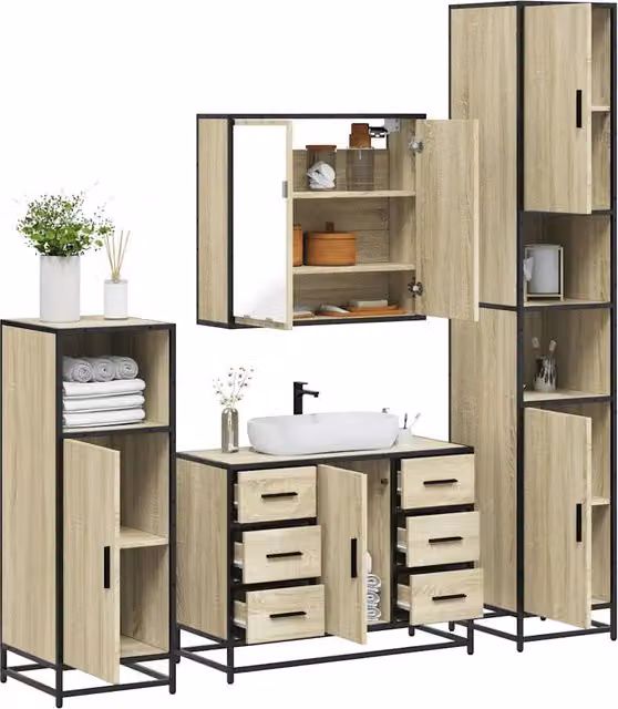 Set Mobili da Bagno Industrial vidaXL 4 Pezzi Marrone in Legno e MDF con Armadietto Specchio, Mobile Lavabo, Mobile Laterale e Colonna Alta