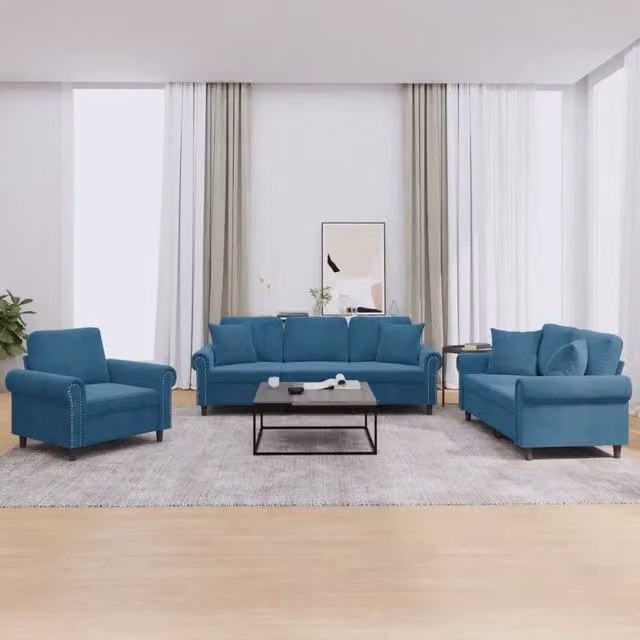 Set di divani 3 pezzi vidaXL in velluto blu con cuscini per soggiorno moderno