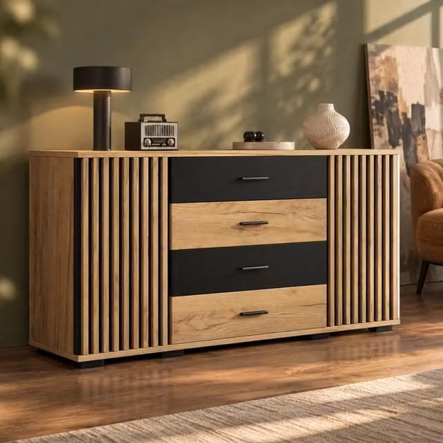 Credenza 140 cm in MDF con 4 cassetti e 2 ante