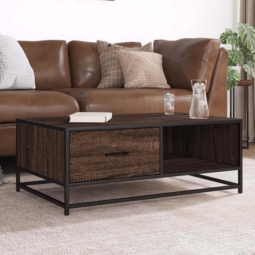 Tavolino da soggiorno vidaXL in stile industriale, colore marrone rovere, realizzato in legno e metallo, L: 90 cm, P: 57 cm, H: 35 cm