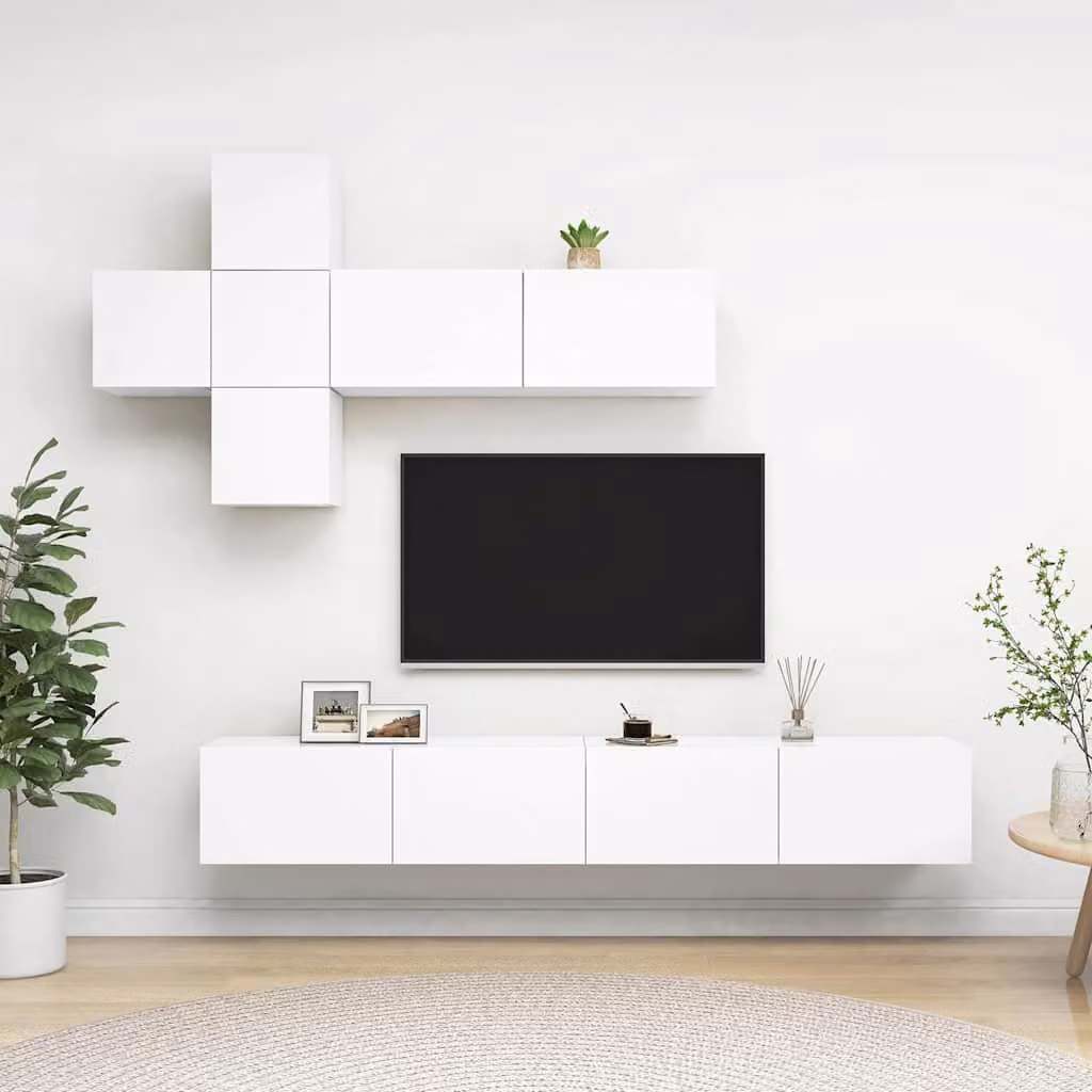 Set di mobili porta TV vidaXL composto da 7 pezzi in legno e MDF, colore bianco opaco, ideale per il tuo soggiorno