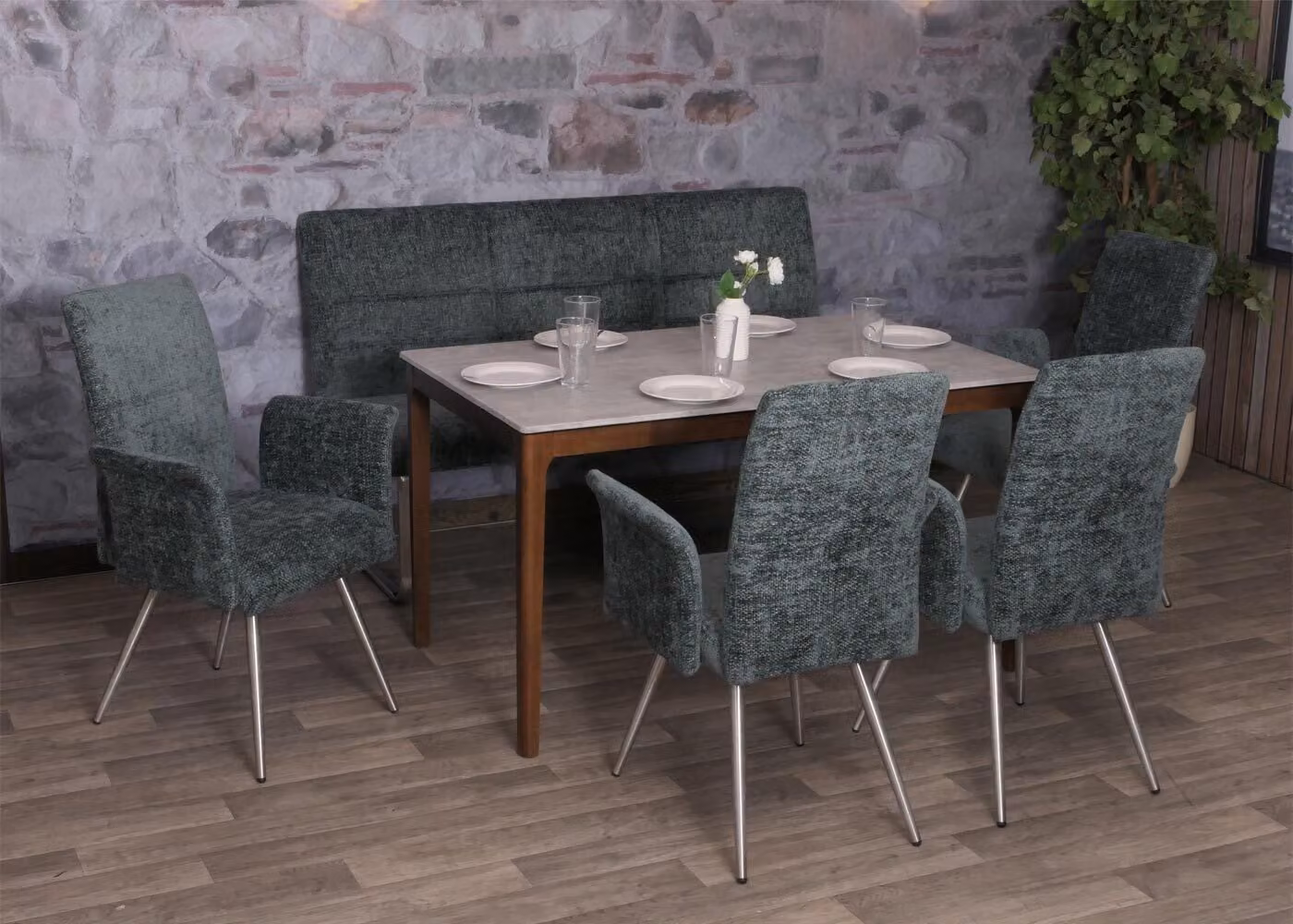 Set da pranzo HWC-G55, set di 4 sedie con braccioli + panca 160 cm, acciaio inox spazzolato tessuto/ceniglia tessile ~ blu-verde