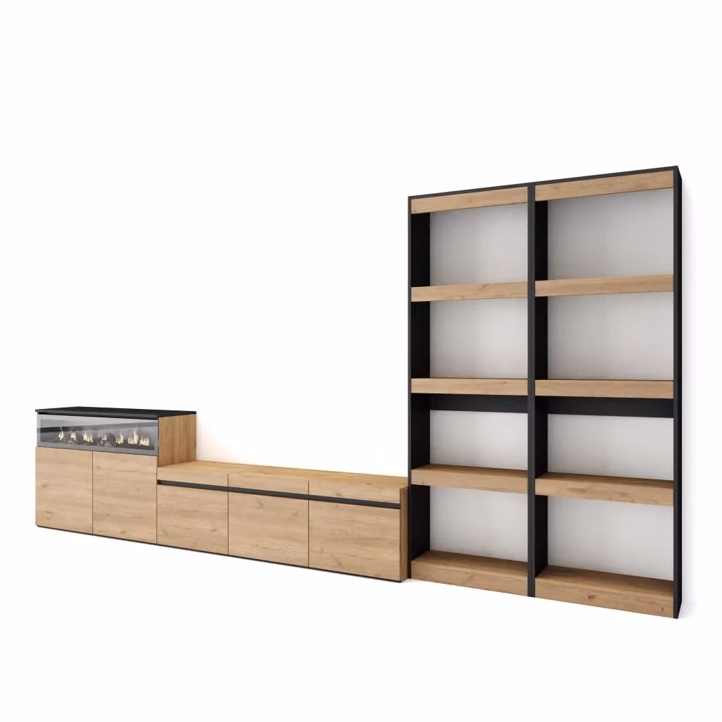 Mobile TV da soggiorno SKRAUT HOME con camino elettrico e illuminazione integrata, Rovere e Nero, L: 370 cm, P: 35 cm, H: 186 cm – 2