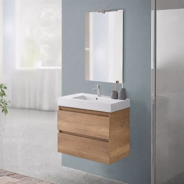 Mobile bagno sospeso 70 cm in rovere naturale con due cassetti e lavabo in resina Nadia