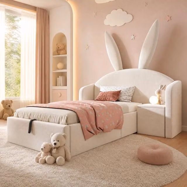 Letto contenitore 90x200 cm in velluto beige con comodino, senza materasso