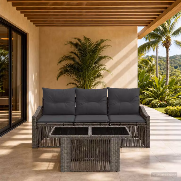Set Divano da Giardino vidaXL 4 Pezzi in Polyrattan Grigio e Antracite con Cuscini e Tavolino