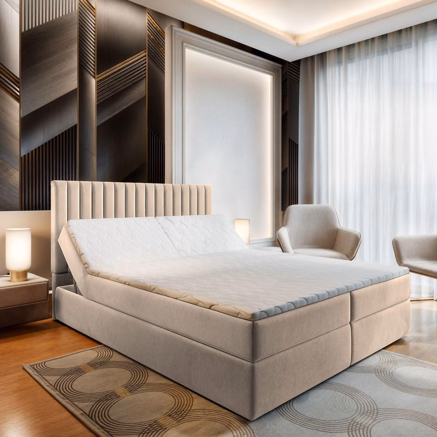 Letto a molle Masseno MURLO 160x200 cm completo di materasso e topper Bonell, letto imbottito con cassettiera -Beige, PAROS 02