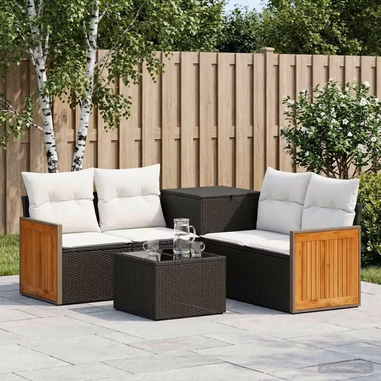 Set di divani da giardino vidaXL a forma di L composto da 6 pezzi con tavolino da caffè, in stile moderno, colore nero e bianco crema, con struttura in acciaio verniciato a polvere e cuscini inclusi