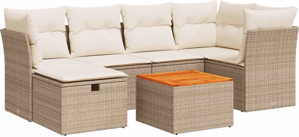 Set Divani da Giardino 7 pz con Cuscini Beige in Polyrattan