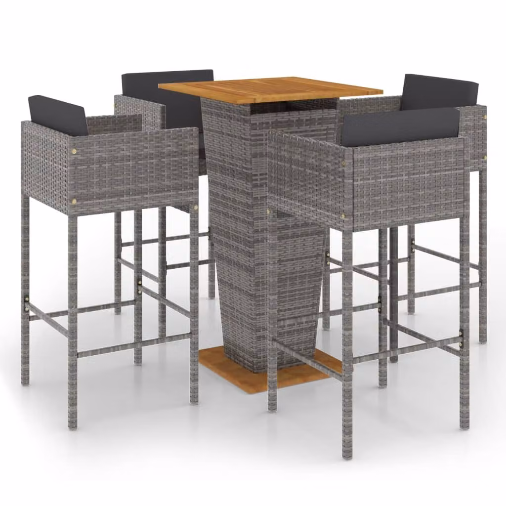 Set da Bar da Giardino 5 pz con Cuscini in Polyrattan Grigio