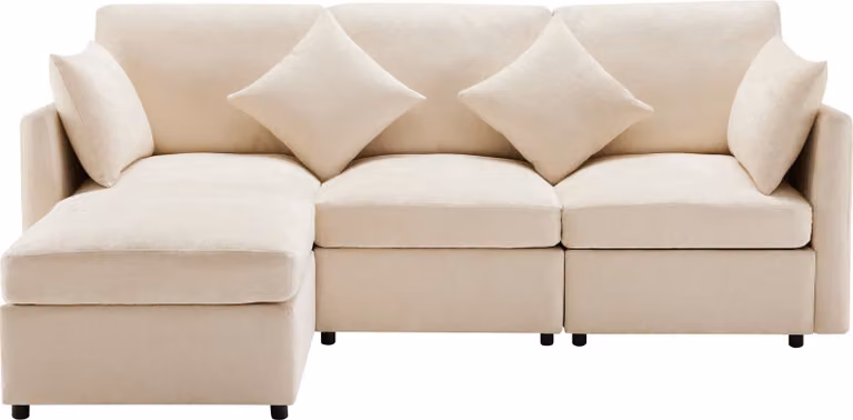 Abrihome Divano angolare a L Divano a 3 posti-216x161x81 cm con poggiapiedi e 4 cuscini, ciniglia, beige