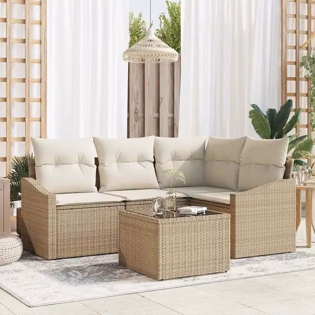Set Divano da Giardino a L con Tavolino vidaXL, 5 Pezzi in Polyrattan Beige con Cuscini e Struttura in Acciaio