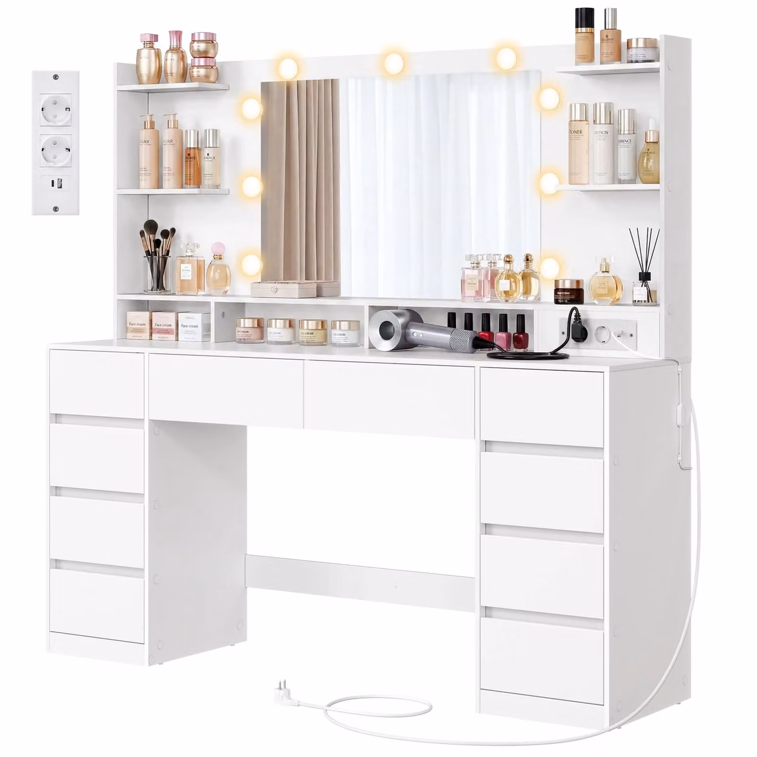 Toeletta con specchio LED e ampi cassetti organizzati, mobile con cassetti / 137 x 40 x 144,3 cm