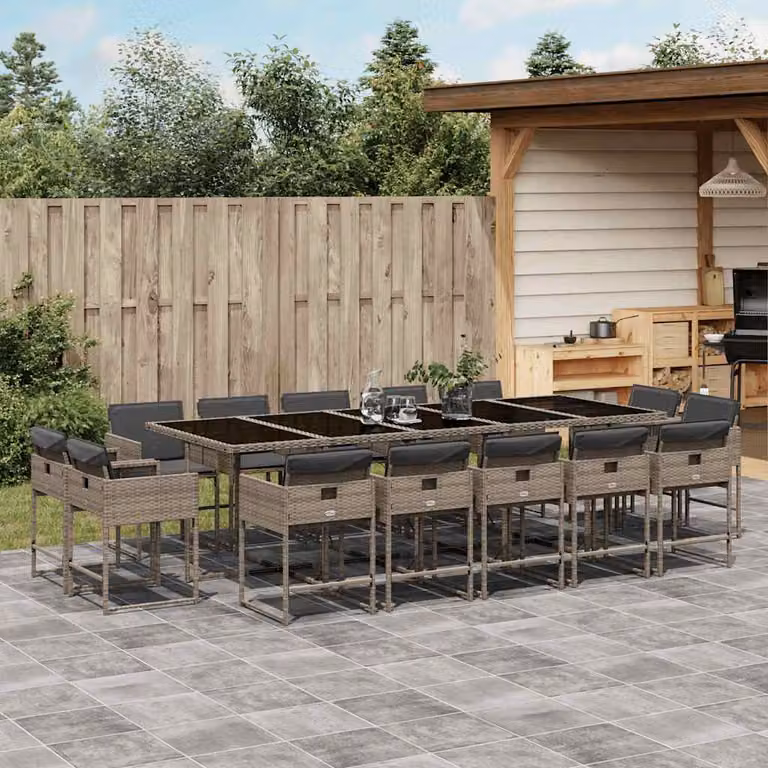 vidaXL Set da Pranzo da Giardino 15 pz in Polyrattan Grigio con Piano in Vetro