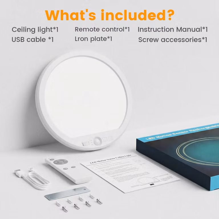 Plafoniera con sensore di movimento - Lampada a LED da soffitto senza fili - Confezione da 1 - Batteria ricaricabile - Dimmerabile - Ultraleggera - Bianco