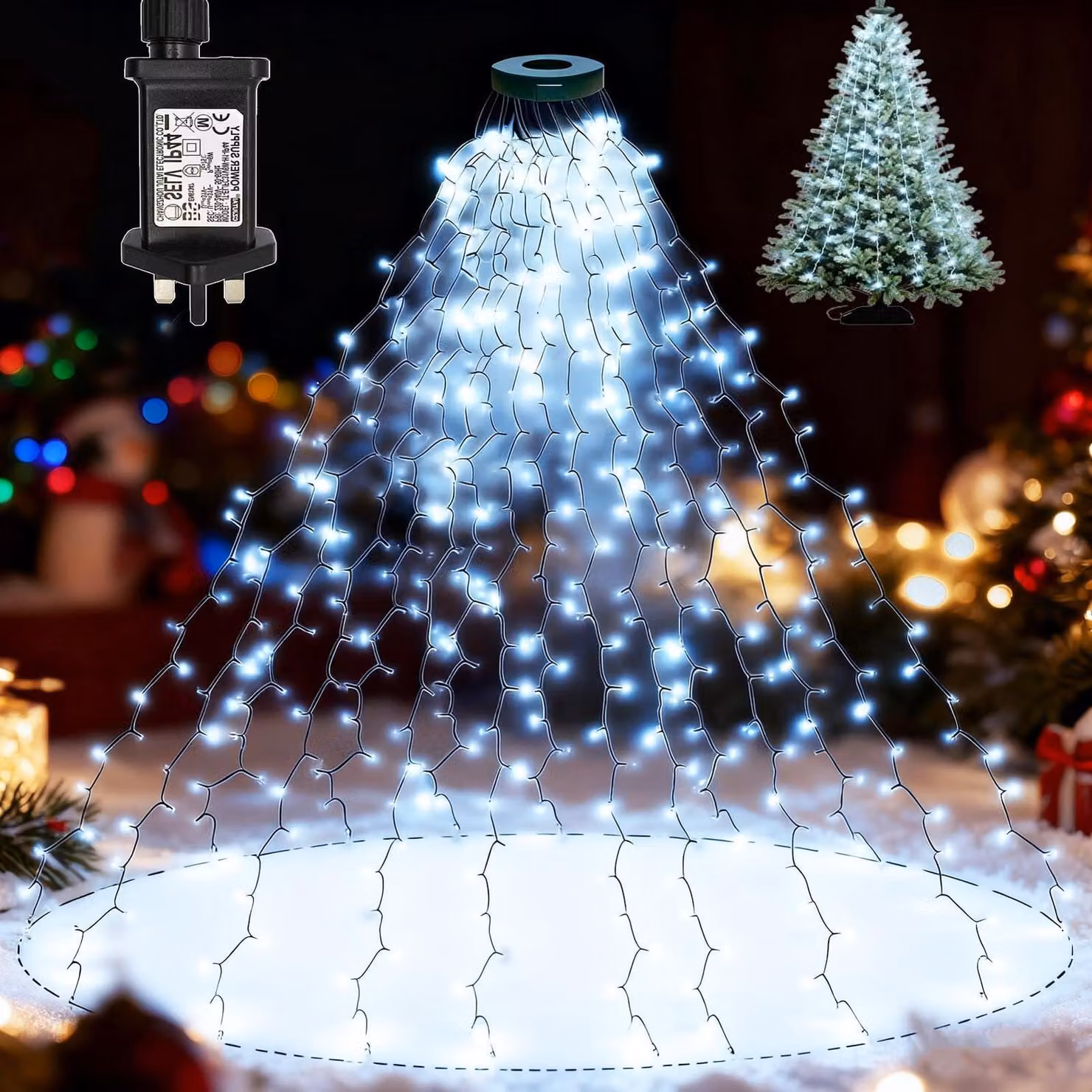 Catena luminosa a LED, 400 luci, 2 metri, forma a stalattiti, alimentazione a corrente, 8 modalità, luce bianca fredda
