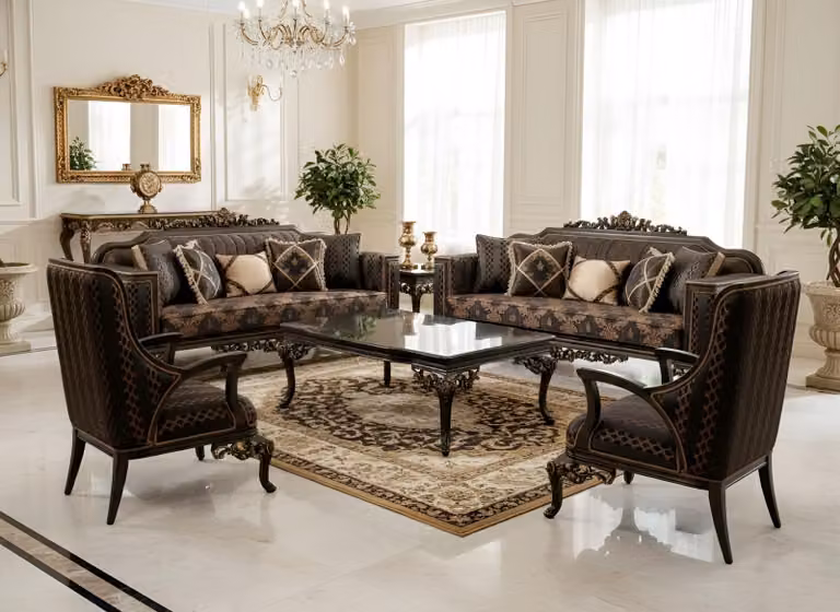 Elegante set da salotto: divano 3+3+1+1 posti con tavolino