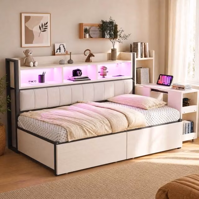 Letto multifunzionale 90 x 200 cm con cassetti; scrivania mobile e prese integrate; bianco e legno