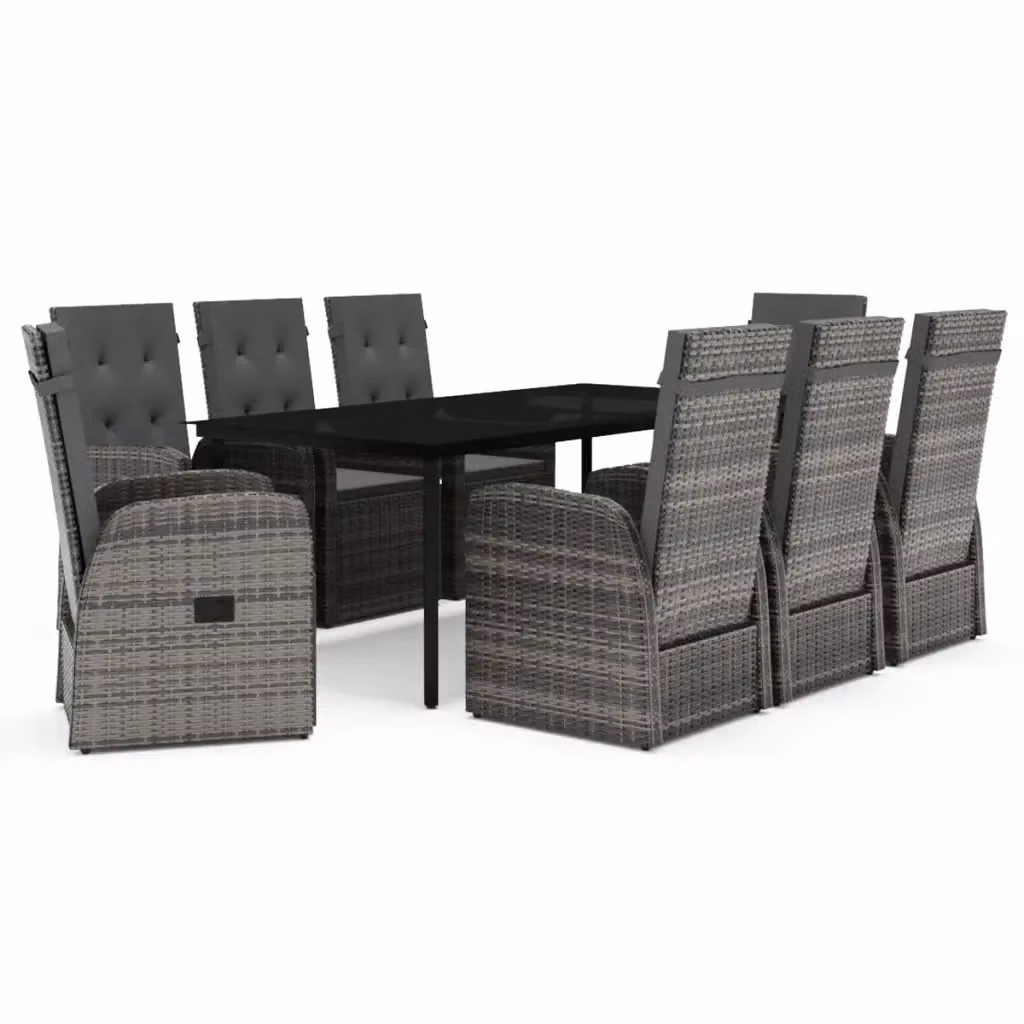 Set da Pranzo da Giardino vidaXL in Polyrattan con Cuscini e Tavolo in Vetro, 9 Pezzi, Grigio e Nero – 2
