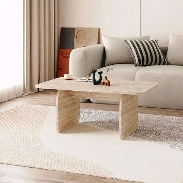Tavolino da salotto rettangolare Home EFFEZE in pietra naturale color beige con gambe a pannello piatto L: 100 cm, P: 60 cm, H: 41,8 cm